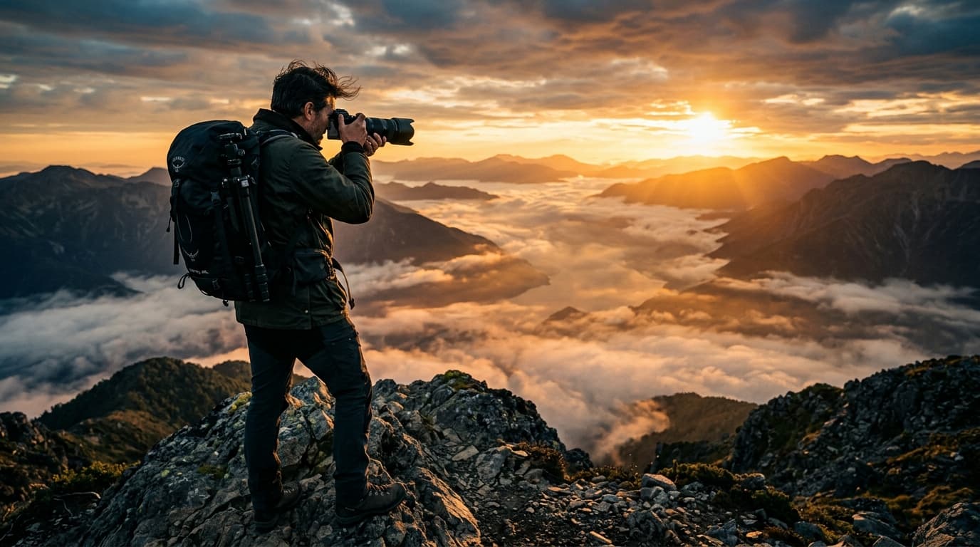 Photographer at sunset mountain summit